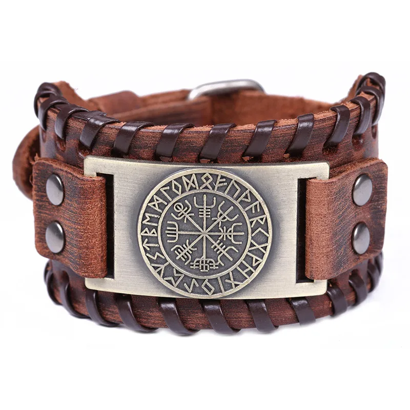 

Compass Bracelets for Men Vintage Leather Braided Bracelet Nordic Runes Odin Symbol Wrap Bangles Men‘s Viking Jewelry Gifts