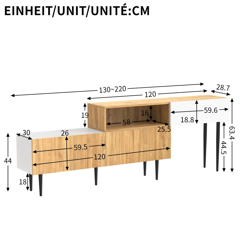 Moderner TV-Schrank mit verstellbarer Länge, Holzoptik + weiß matt, schwarze Metallbeine, multifunktionale Wohnzimmermöbel – Detail 7