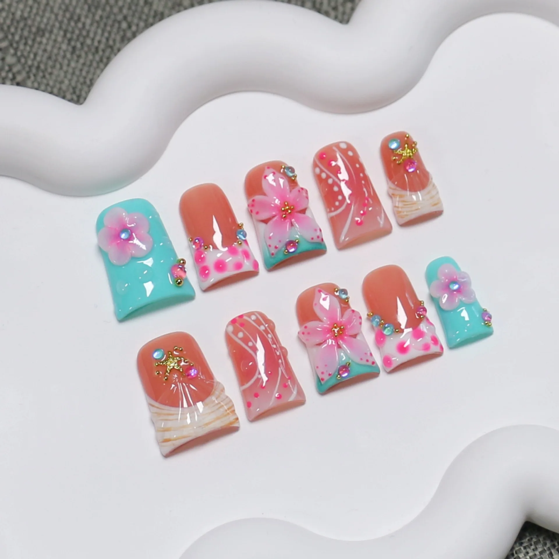 10Pcs Pink Polka Dot Smudge False Nails French Stripe Handmade Press on Fake Nails Tips 3D Flower Starfish Detachable Fingernail