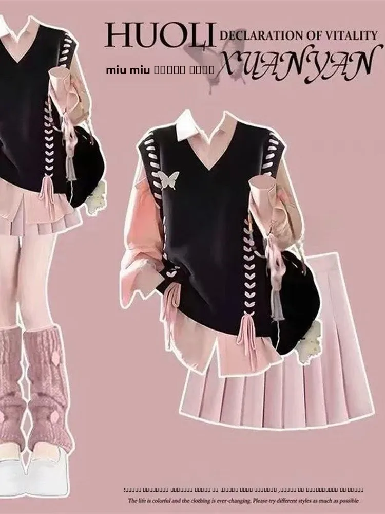 

Женский комплект вязаного свитера и жилета с розовым узлом и V-образным вырезом Faion College Sle Long Sve Mid-Thi, осенняя одежда