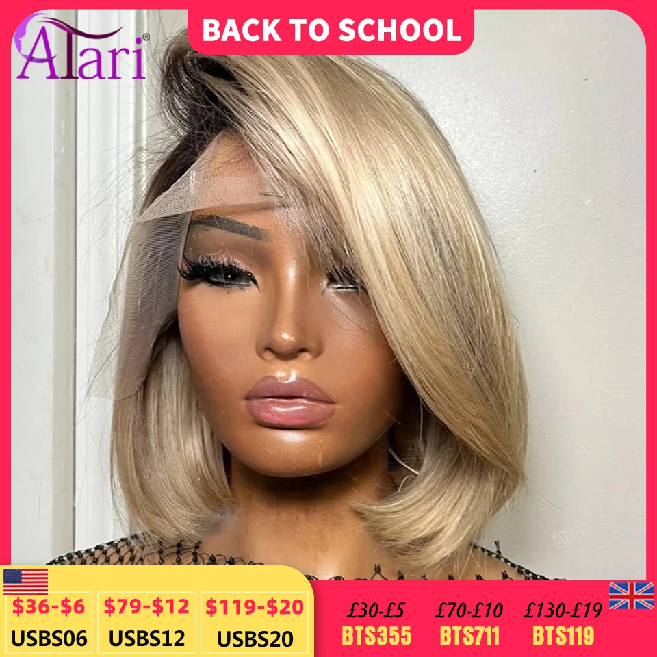 Braune Ansätze Blonde Farbe Echthaar Bob Perücken 180 Dichte 13x4 Full Lace Frontal Body Wave Ombre Blonde Kurze Bob Perücke Vorgezupft