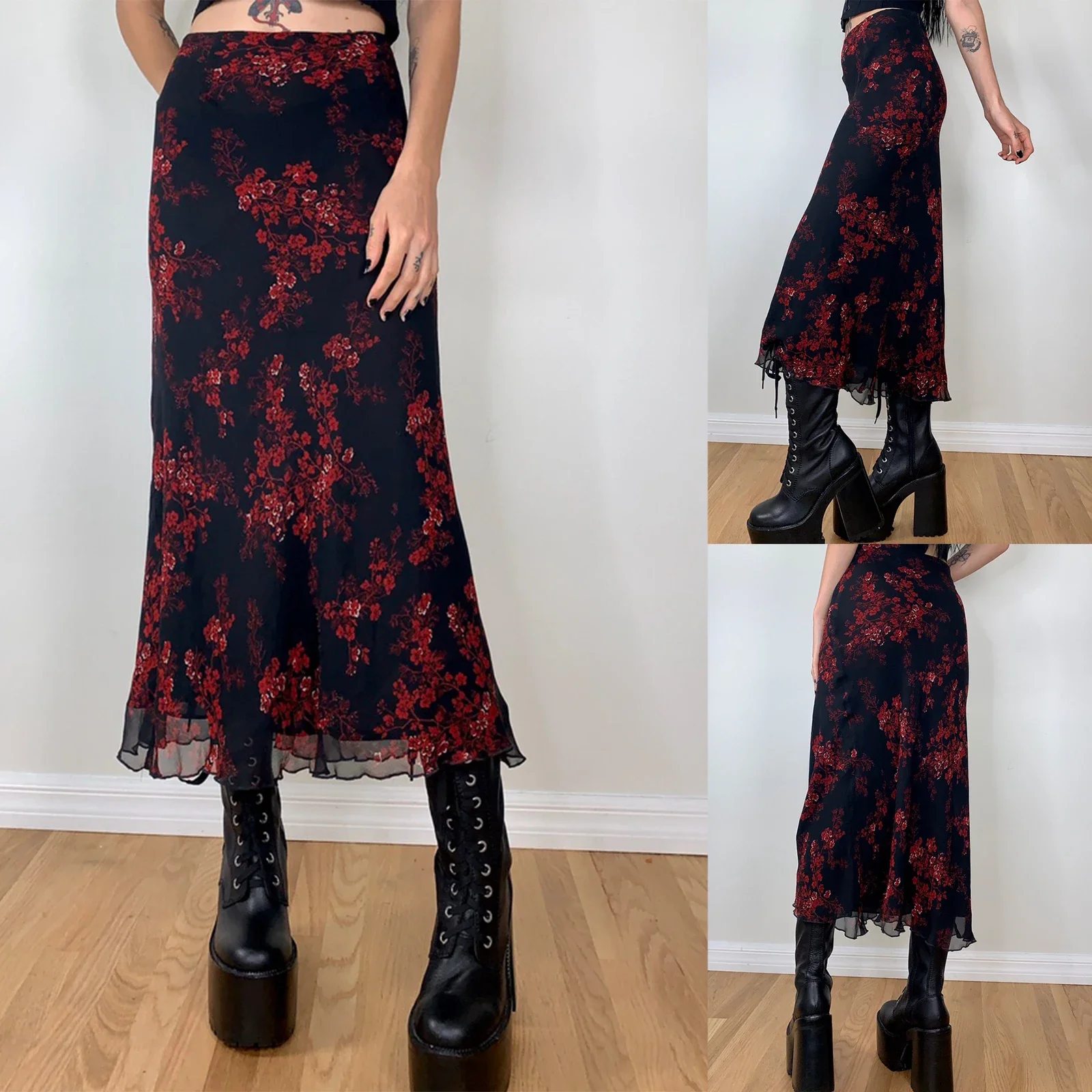 Jupe mi-longue à imprimé floral rétro pour femmes, taille haute, ligne A, batterie, demi-robe, grunge, jupes longues, années 90, streetwear E-Girls, Y2k