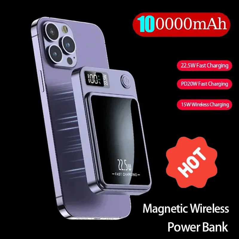 

Portable Magnetic Power Bank 100000mah Macsafe Fast Wireless Charger for IPhone 15 14 13 Pro Max External Auxiliary Battery Pack