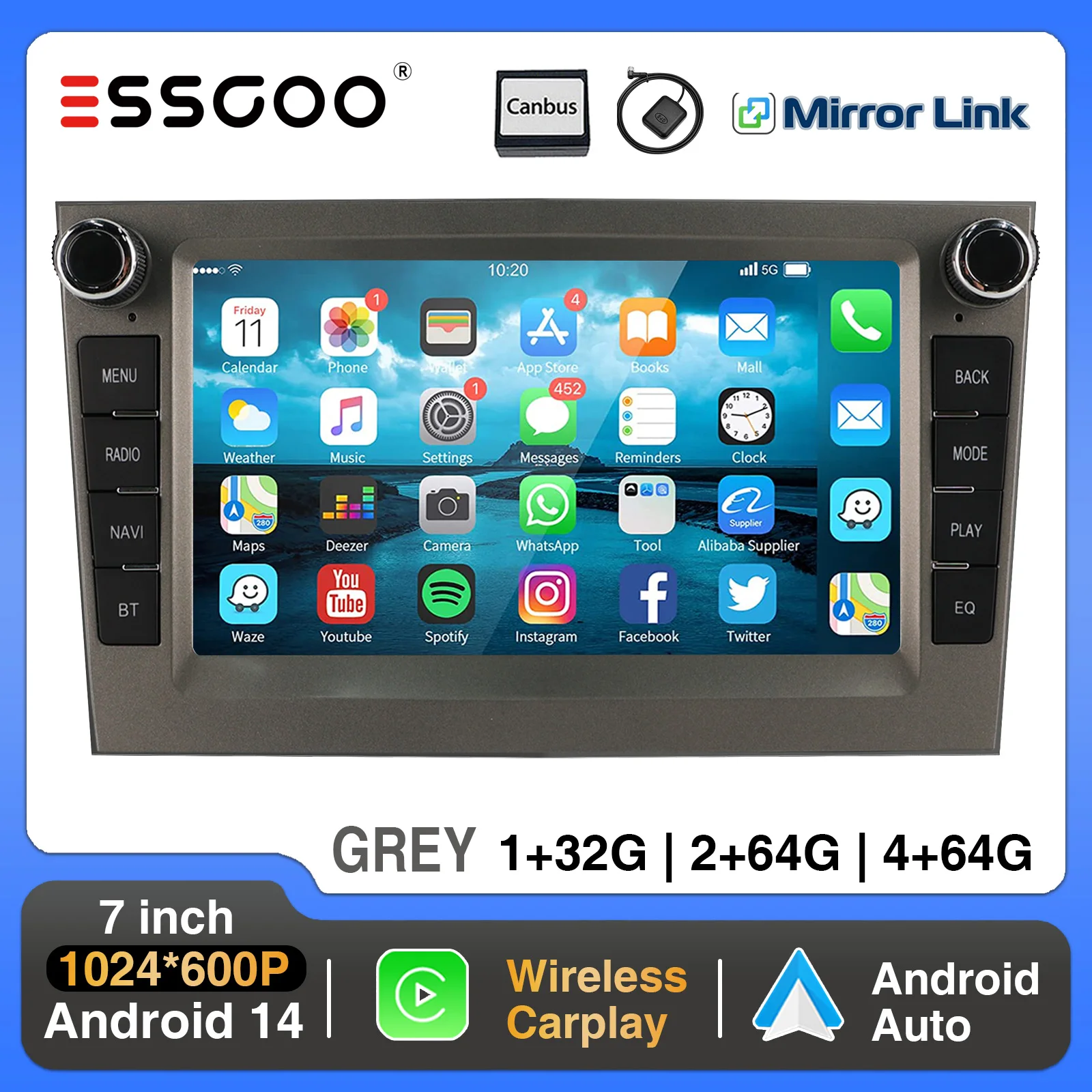 ESSGOO Android 14 Autoradio für Vauxhall Opel Astra H Corsa C D Vectra Zafira B mit CarPlay, Android Auto, GPS, NAV, RDS, WiFi, Grau