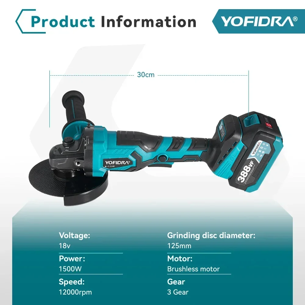 YOFIDRA 125mm Brushless Angle Grinder 3 Gears Cordless Grinding Machine Cutting Woodworking Power Tool For Makita 18V Battery