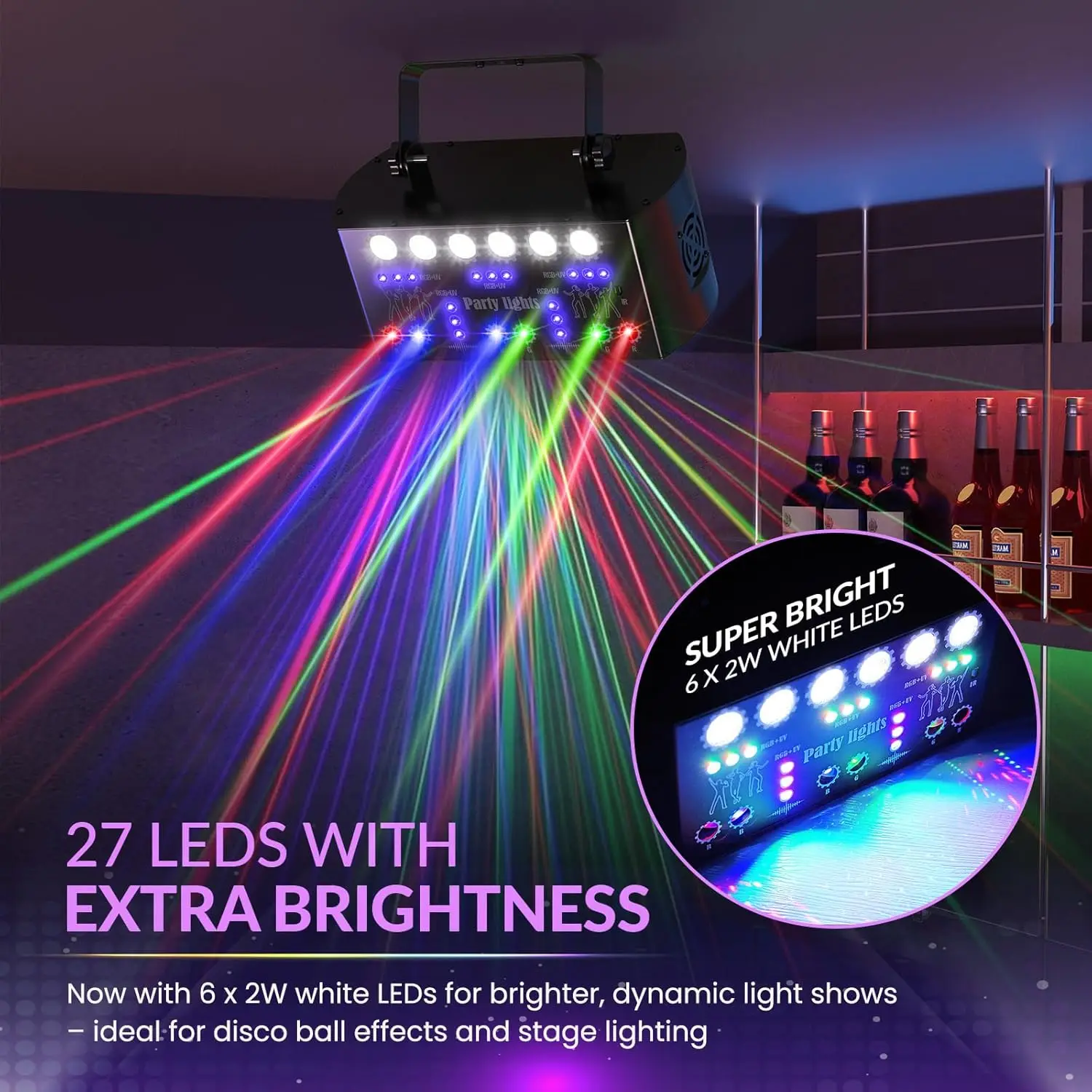 Lampu Panggung Laser RGBW 27-Beam, Lampu Disko Strobe Efek UV, DMX Remote, Lampu Klub Laser untuk Acara Pernikahan, Pertunjukan, Konser