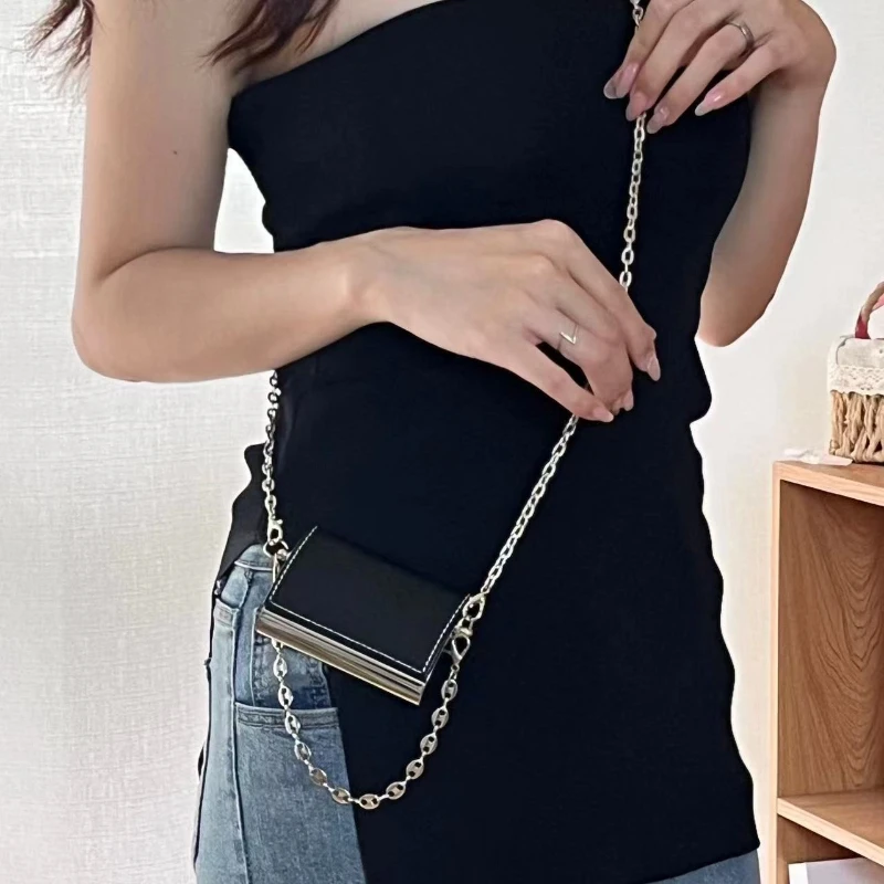

Мини-подвеска через плечо для карточек, ожерелье, маленькая квадратная сумка, длинная металлическая визитница, серебряная женская сумка