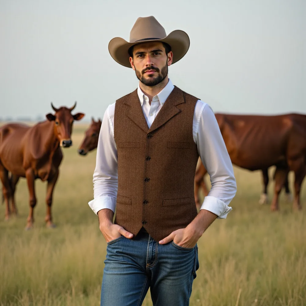 

In Stock Lapel Neck Men's Herringbone Suit Vest Single Breasted Tweed Waistcoat Business For Groom Real Image