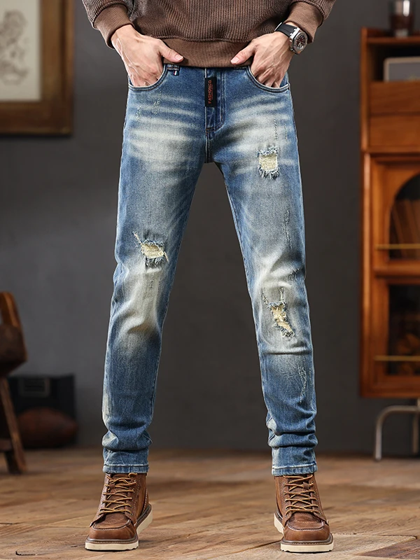 

Весенне-летние мужские джинсы премиум-класса: зауженные, прямые, с дырками, из эластичного хлопкового денима, повседневные, модные, современные