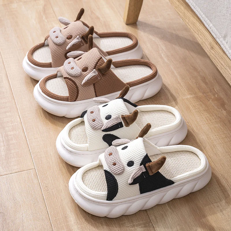 Women Milk Cow Linen Slippers Four Seasons Men Indoor Sandals Adults Cartoon Slides Couples Cute Breathable Home Shoes