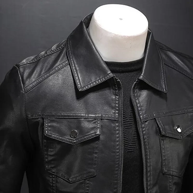 Men\'s Motorcycle Leather Jacket Large Size Pocket Black Zipper Lapel Slim Fit Male Spring Autumn High Quality PU Coat