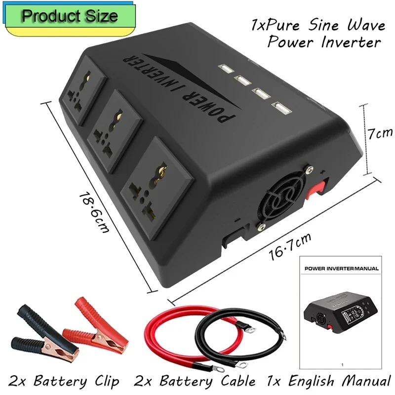 2000W Pure Sine Wave Inverter Outlets USB Touch Screen Lithium Battery Lead-acid Battery Voltage Converter Transformer 12V