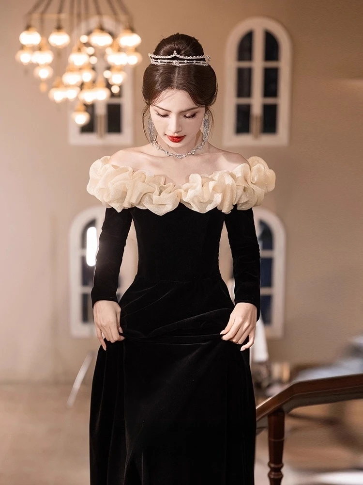 

Элегантное вечернее платье с открытыми плечами для женщин, роскошное, премиум-класса, с юбкой А-силуэта, длинными рукавами, в корейском стиле