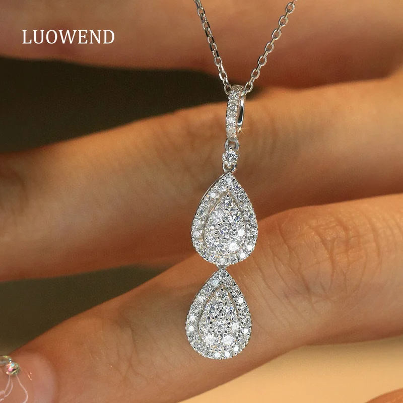 LUOWEND 18K White Gold Necklace Elegant Shiny Design 0.62carat Real Natural Diamond Pendant Necklace for Women Wedding Jewelry