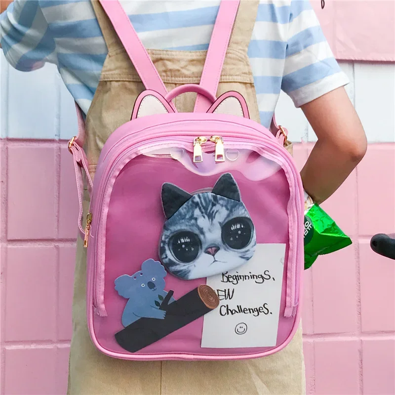 Lovely Cat Ear Leather Backpacks Candy Color Transparent Bag Women Shoulder Bags School Teenage Girls Travel Bagpack Itabag