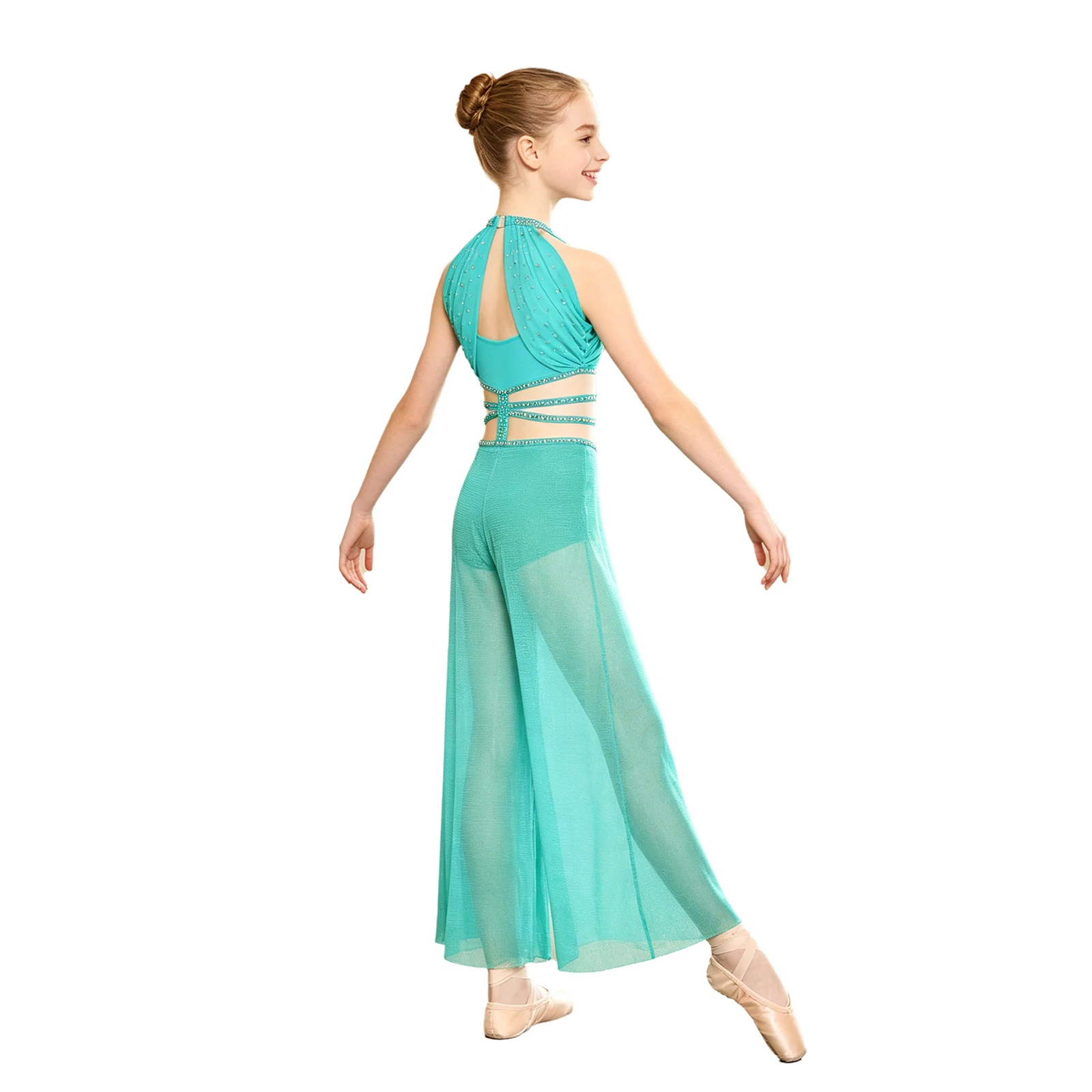 Children Girls Modern Lyrical Dance Jumpsuit Sleeveless Shimmery Sheer Mesh Bodysuit Latin Skating Gymnastics Acrobatics Costume