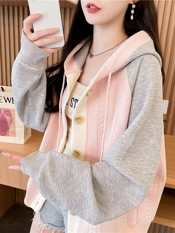 Loose Women's Hoodie Spring Autumn Color Blo Splicing Open Cardigan Jaet Large Size Comfortable Cotton Blend Korean Sle