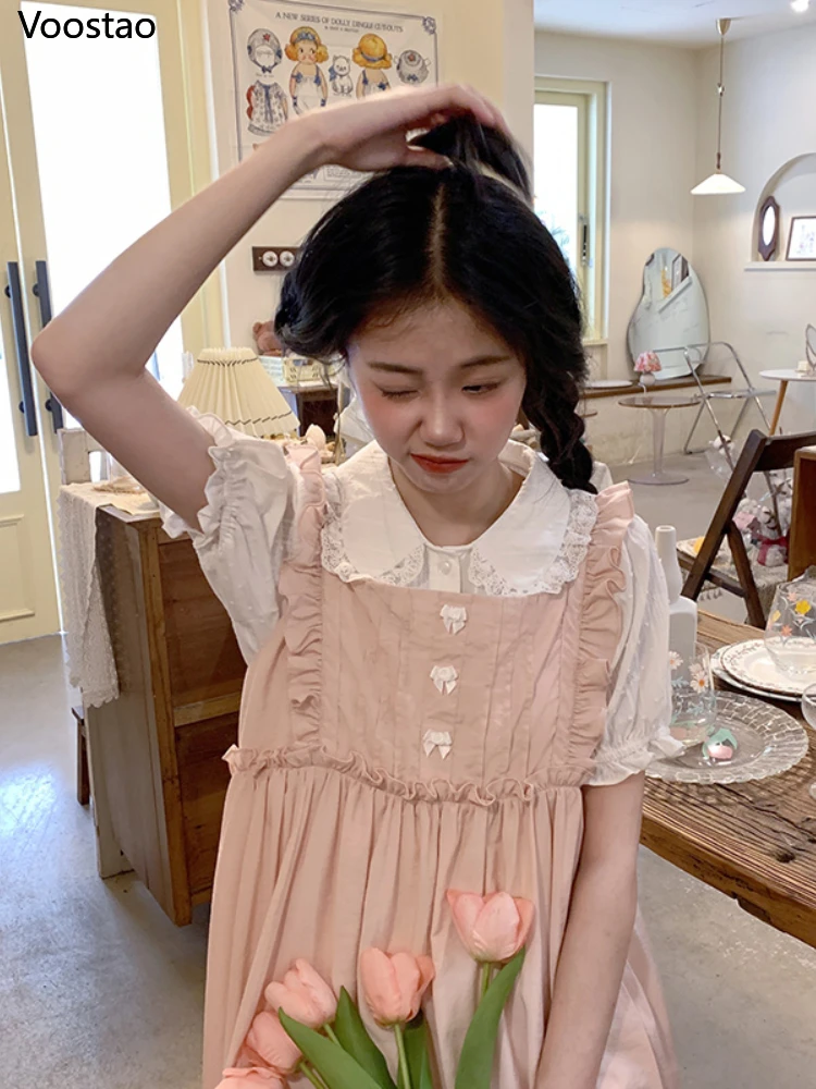 Japanese White Peter Pan Collar Shirts Women Cute Lolita Style Puff Sleeve Blouses Girly Harajuku Kawaii JK Shirts Blusas Mujer