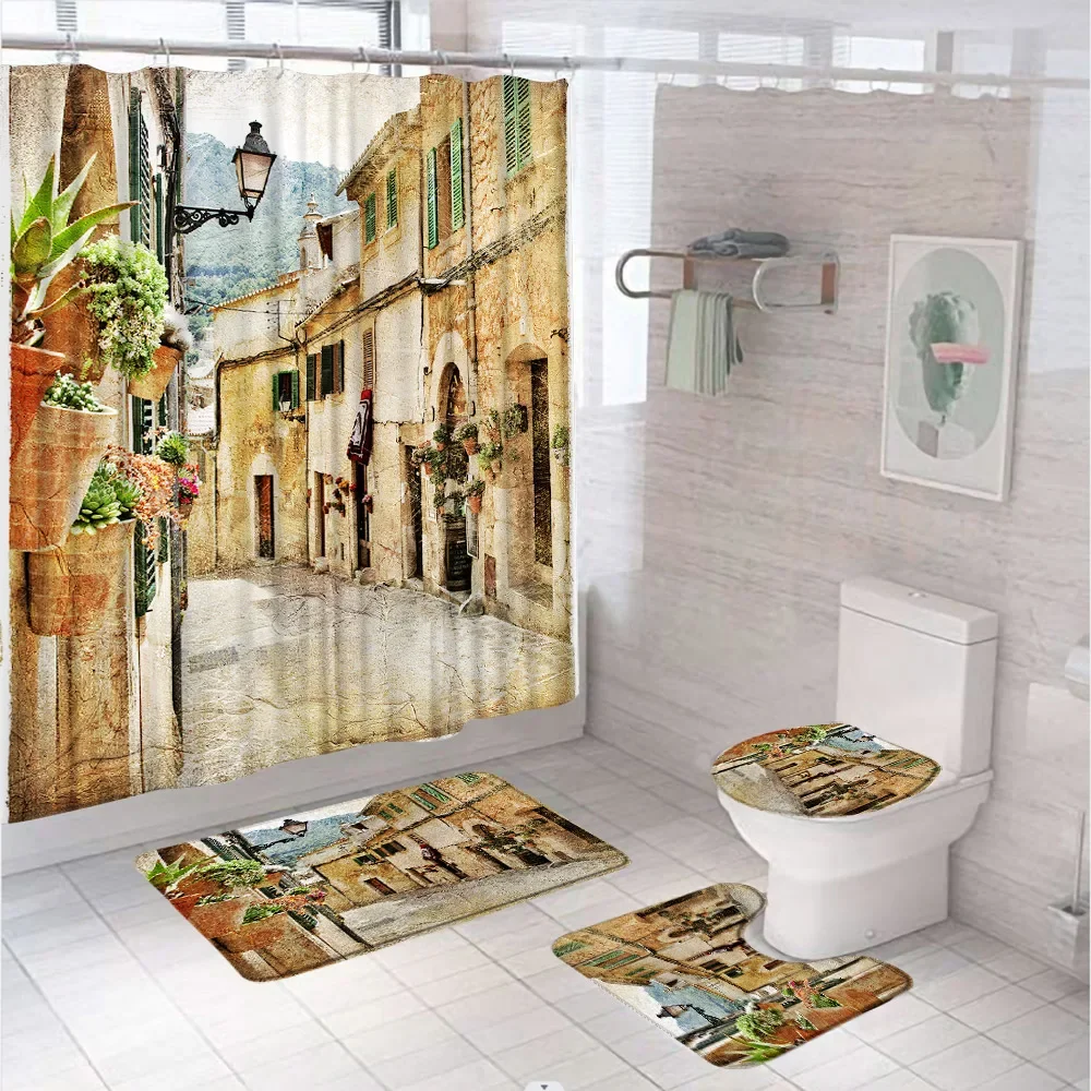 European Vintage Architecture Shower Curtain Set Photos Of Tourist Attractions Bathroom Screen Bath Mat Toilet Cover Rug Home