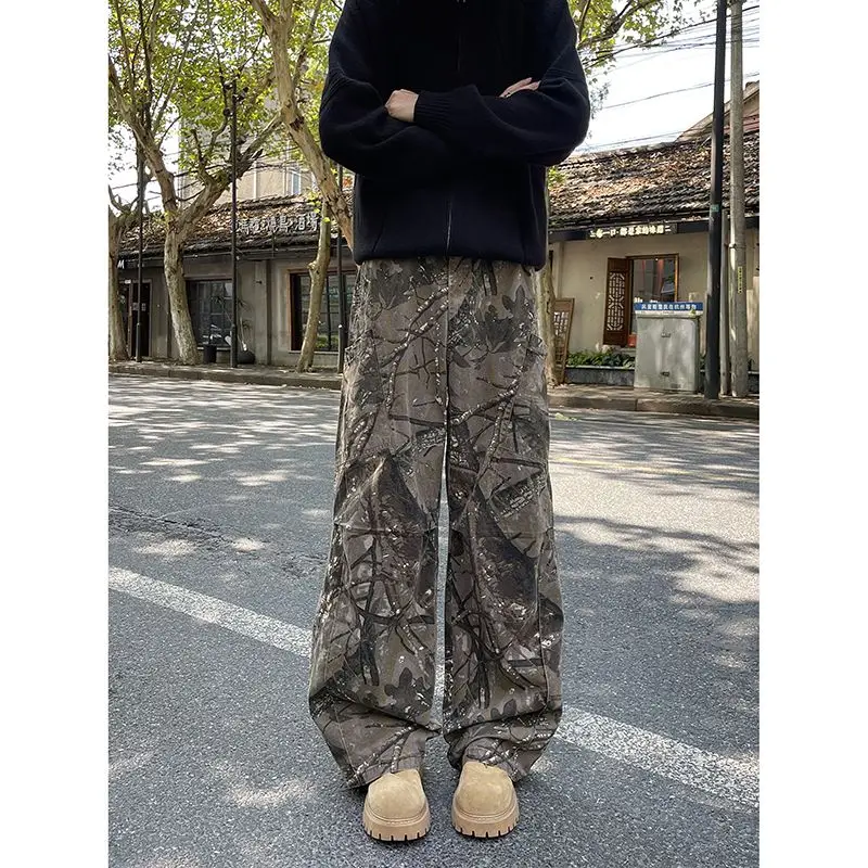

American Heavyweight Trendy Work Pants Men Loose Straight Leg Large Size Wide Leg Pants Retro Washed Camouflage Casual Pants