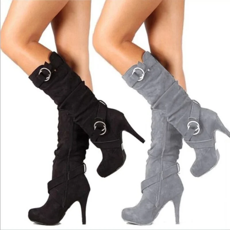 2024 Women Boots Autumn and Winter New High Heels Knight Boots Fashion Retro Belt Buckle Knee High Boots Female Plus Size 43