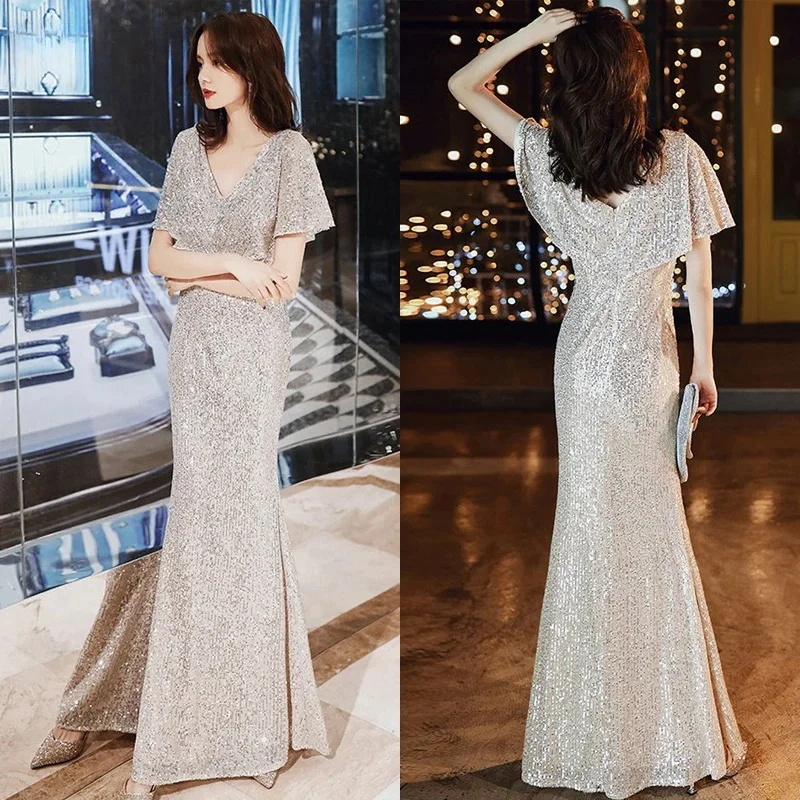 

Evening Dress Champagne Sequin V-neck Shawl Zipper Mermaid Trumpet Floor Length Women Party Formal Gown Plus size Robe De Soiree