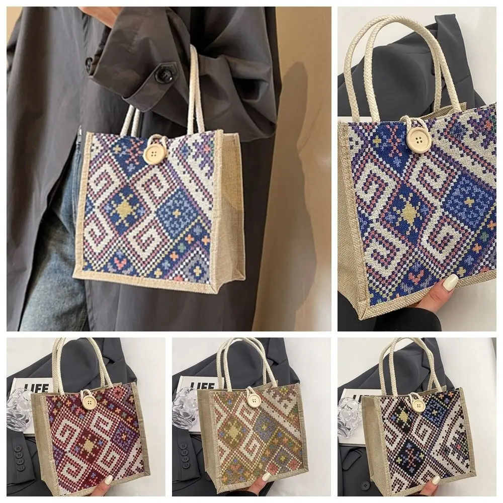 Embroidery Ethnic Style Canvas Bag Large Capacity Print Linen Handbag Mommy Bag Portable Printing Cloth Lunch Bag Shopping