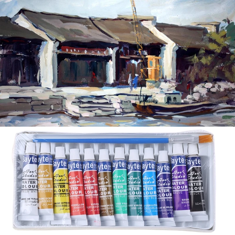 12 색 튜브 6ml 페인트 튜브 드로잉 그림 수채화 안료 브러쉬 아트 용품 세트
