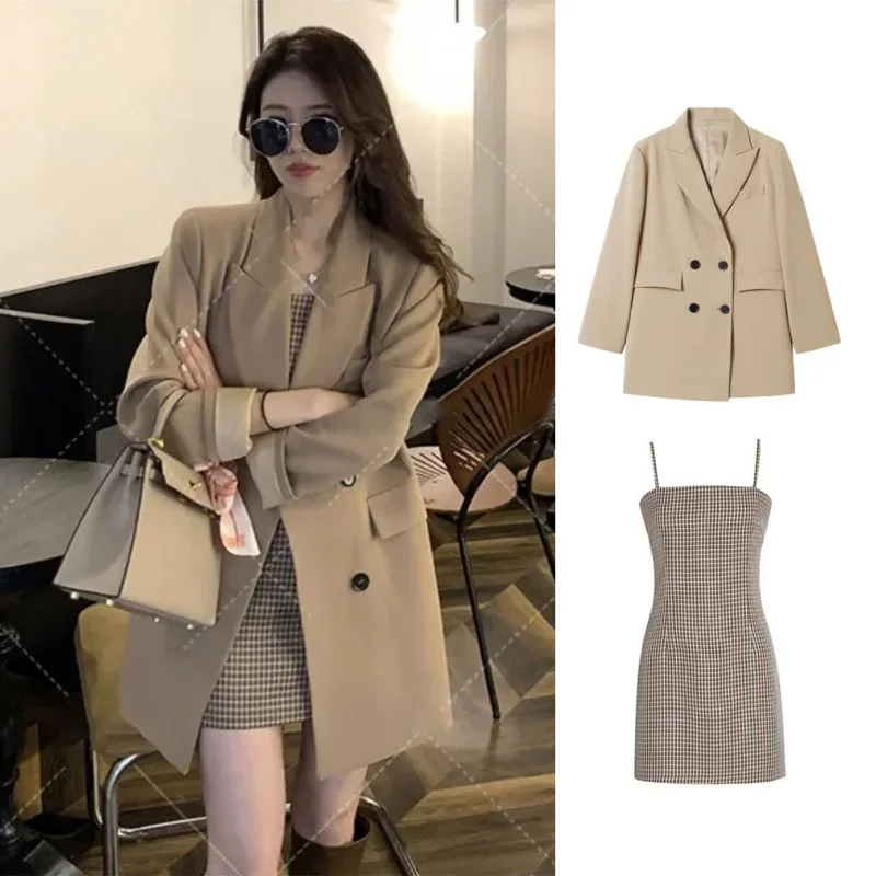 Outfit Mini Office Womens Short 2 Sets Khaki Long Sleeve Suit with Skirt and Blazer Two Piece Set for Women Summer 2024 Jacket