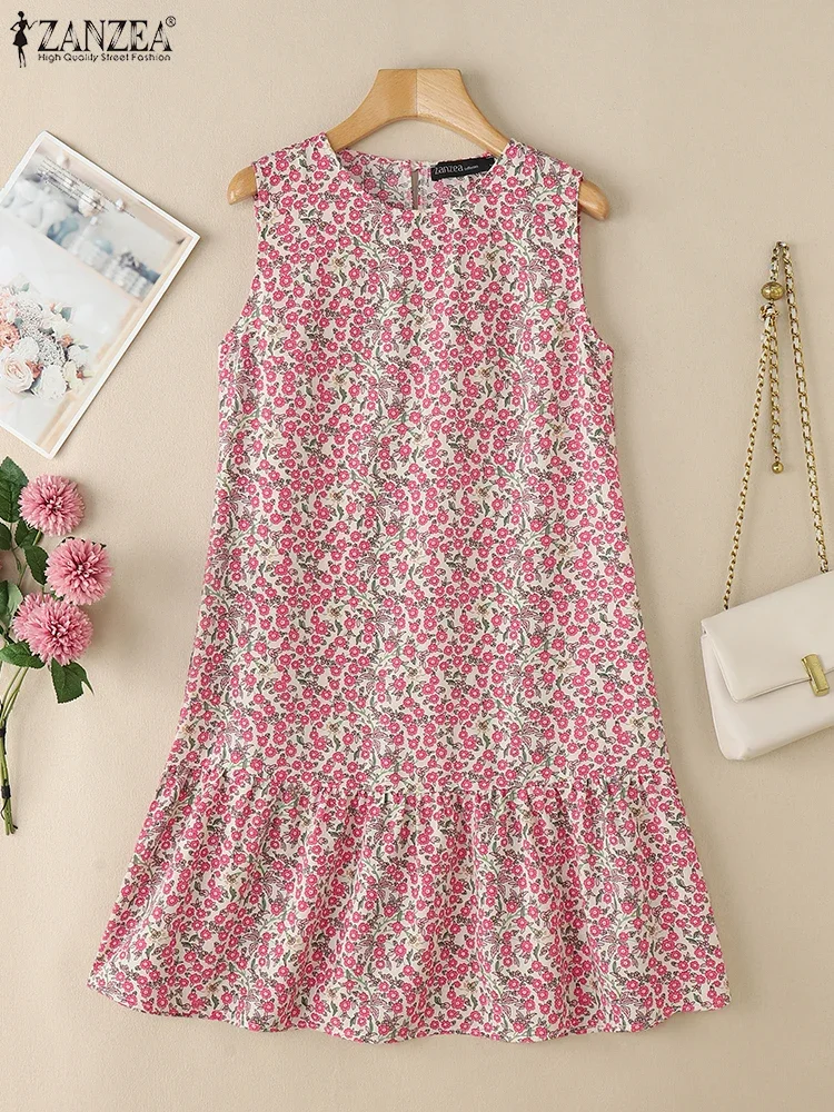 ZANZEA สตรี Casual Ditsy ดอกไม้พิมพ์เข่าความยาวชุดแฟชั่น O-คอแขนกุด Ruffled Hem Robes Femme ฤดูร้อน Sundress