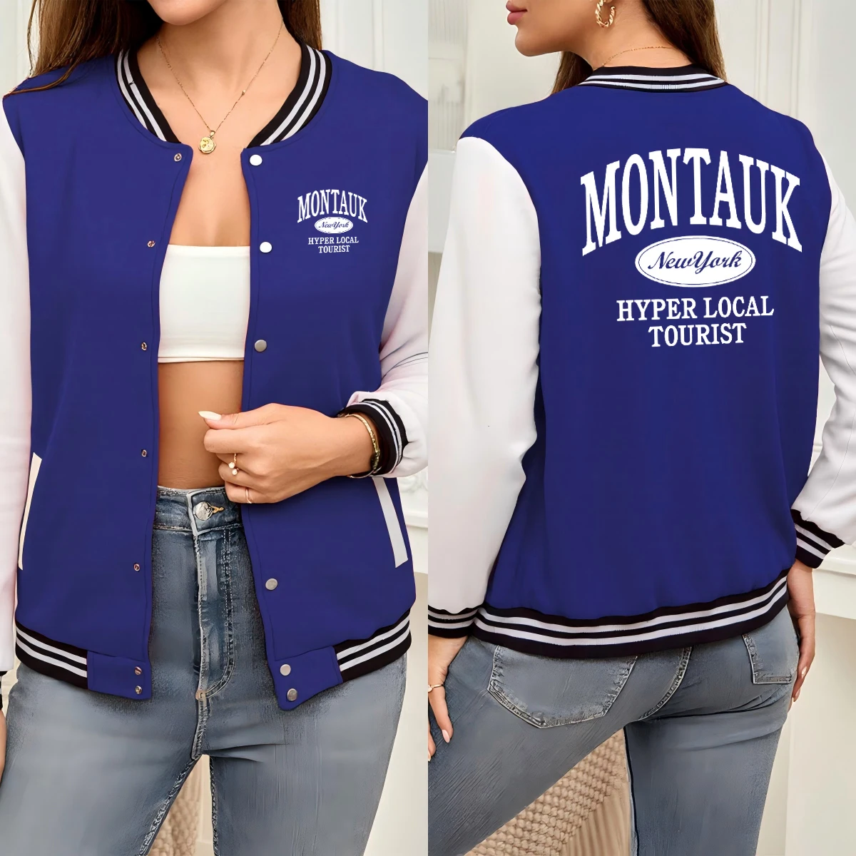 

Montauk New York Hyper Local Tourist Print Baseball Jersey Woman Hip Hop Loose Jackets Warm Sport Clothing Soft Basic Jacket