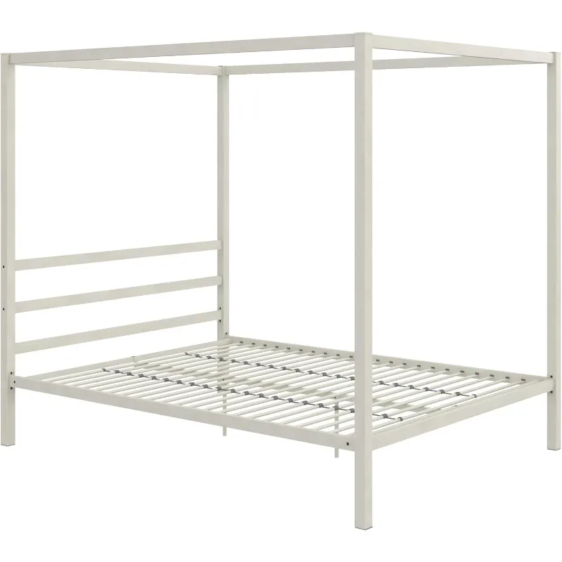 Metal Canopy Platform Bed with Minimalist Headboard & Four Poster Design,Underbed Storage Space,No Box Spring Needed,Queen,White