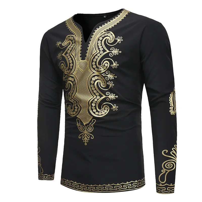 Men's African Long-Sleeved Shirt, Irregular Printing, Dashiki Fashion Tops, Muslim Traditional T-Shirt, Arab Clothing, Fall