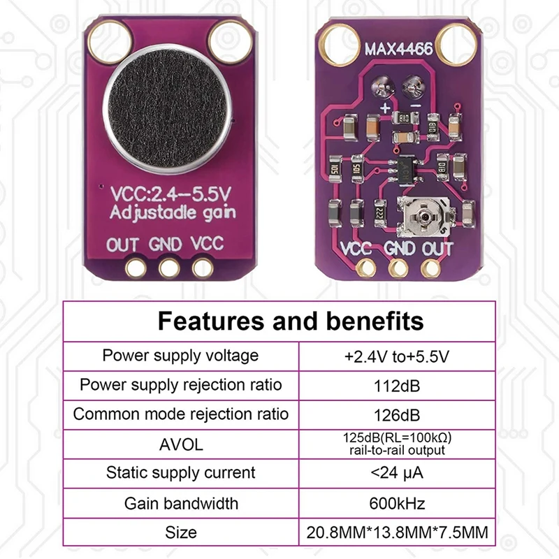 AMPLIFICADOR DE MICRÓFONO Electret, 10 piezas, módulo ajustable MAX4466, preamplificador de Micrófono, placa de ruptura púrpura para Arduino