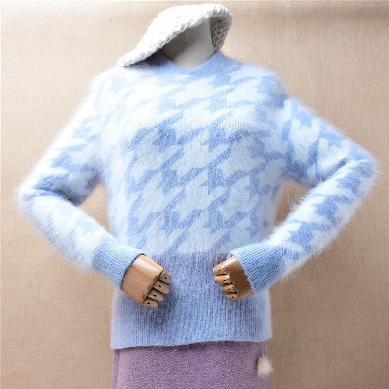 

Ladies Women Fall Winter Clothing Sky Blue Houndstooth Angora Rabbit Hair Knitted V-Neck Slim Blouses Pullover Jumper Sweater