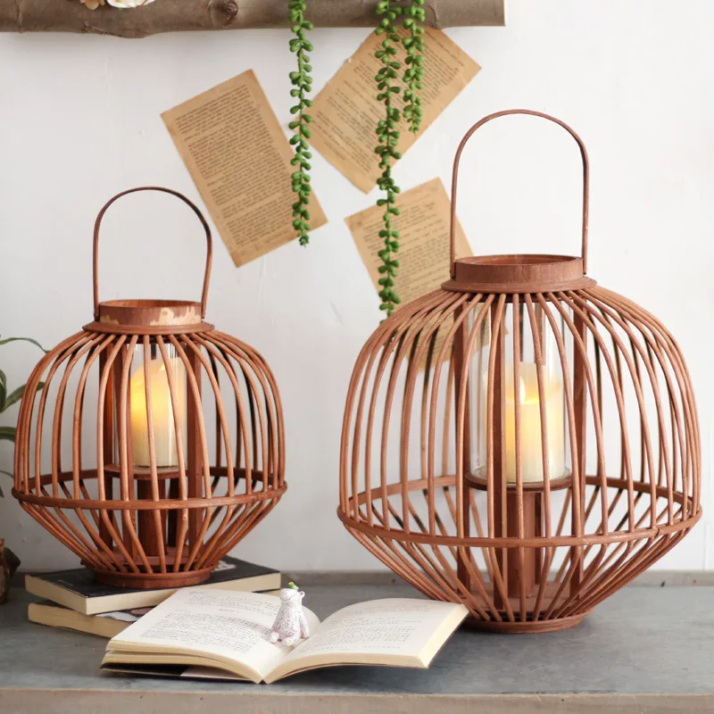 Handmade rattan weaving retro wind lamp candlestick wooden hanging lantern hotel dining room balcony courtyard villa ornaments c