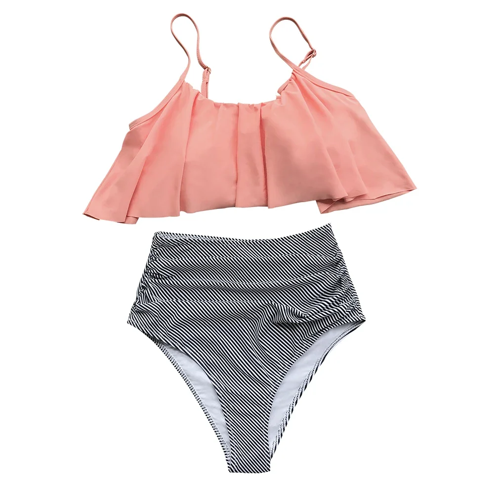 Pink and Stripe High Waisted Bikini Sets Sexy Tank Top Swimsuit Two Pieces Swimwear Women  New Beach Bathing Suits