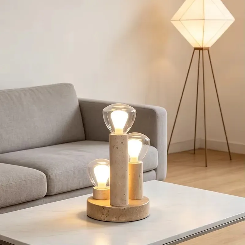 Modern hotel creative stone table lamp home decoration three-head glass lamp bedside LED travertine table lamp living