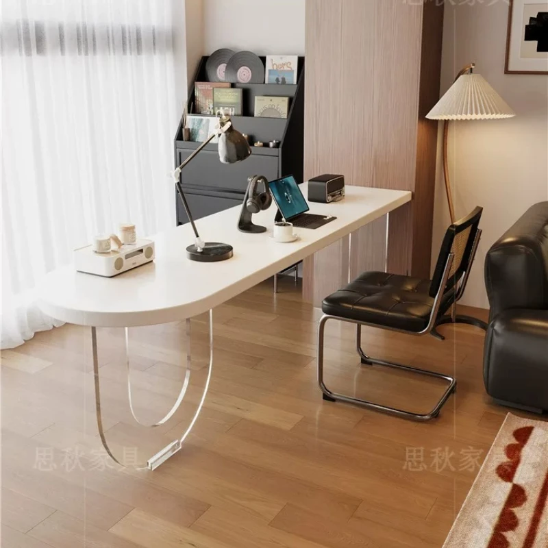 Italian Style White Solid Wood Desk Nordic Creative Oval Acrylic Floating Computer Desk Study Bedroom Furniture مكتب عائم FYFD view 5