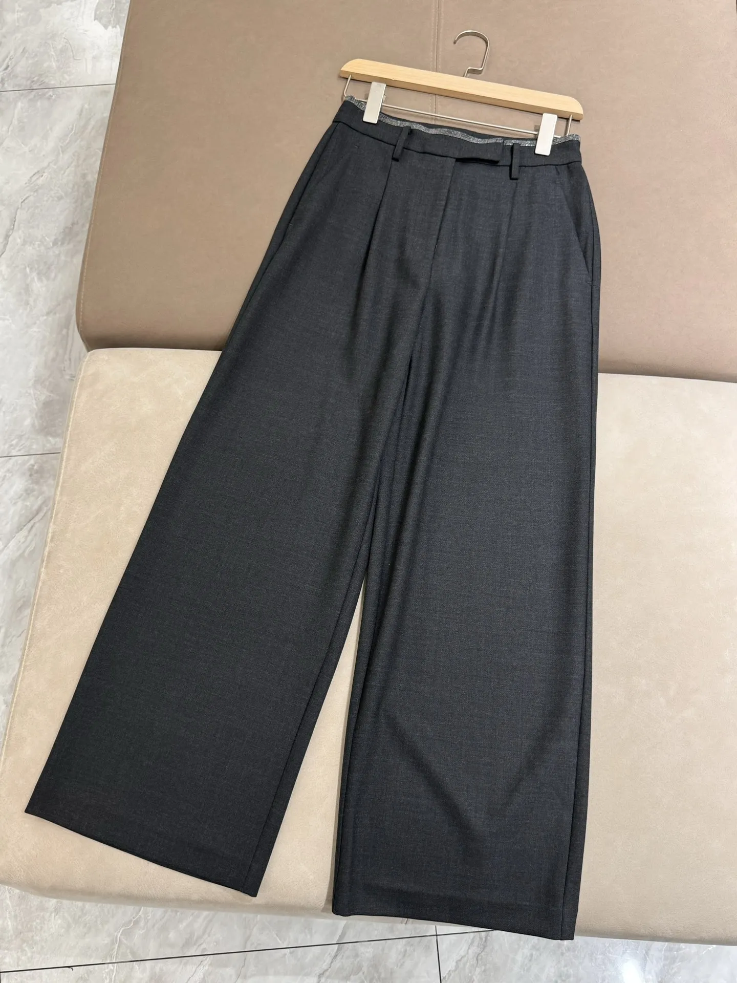 Spring Women's Worsted Wool Blazer Suit Beaded Jacket + High Waist Straight-leg Wide-leg Pants 2-Piece Set