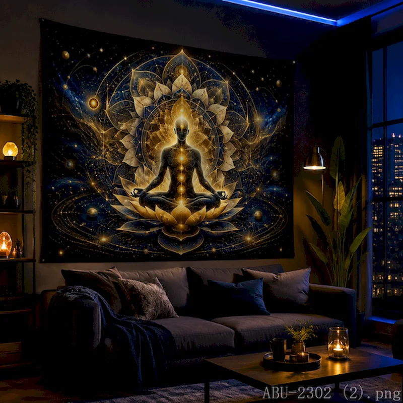 VIKAMA Chakra Tapestry Wall Hanging Meditation Yoga Lotus Seven Chakra Colors Moon Phase Spiritual Hippie Decor