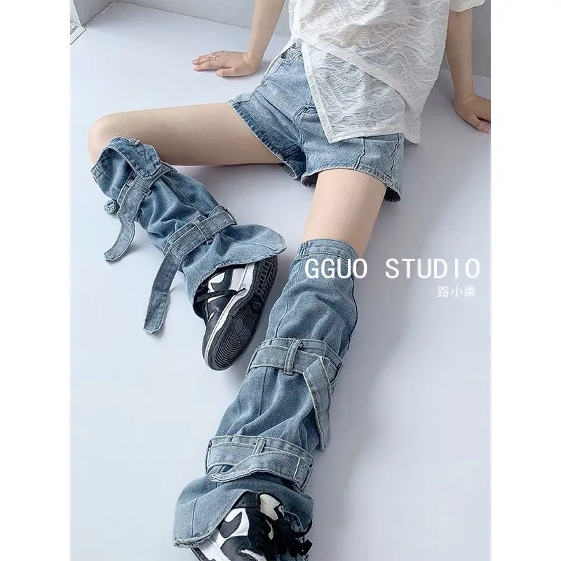 Women Denim Leg Warmers Y2k High Socks Lolita Harajuku Stylish Buckled Denim Leggings Jean Foot Socks Cowboy Women Leg Warmers