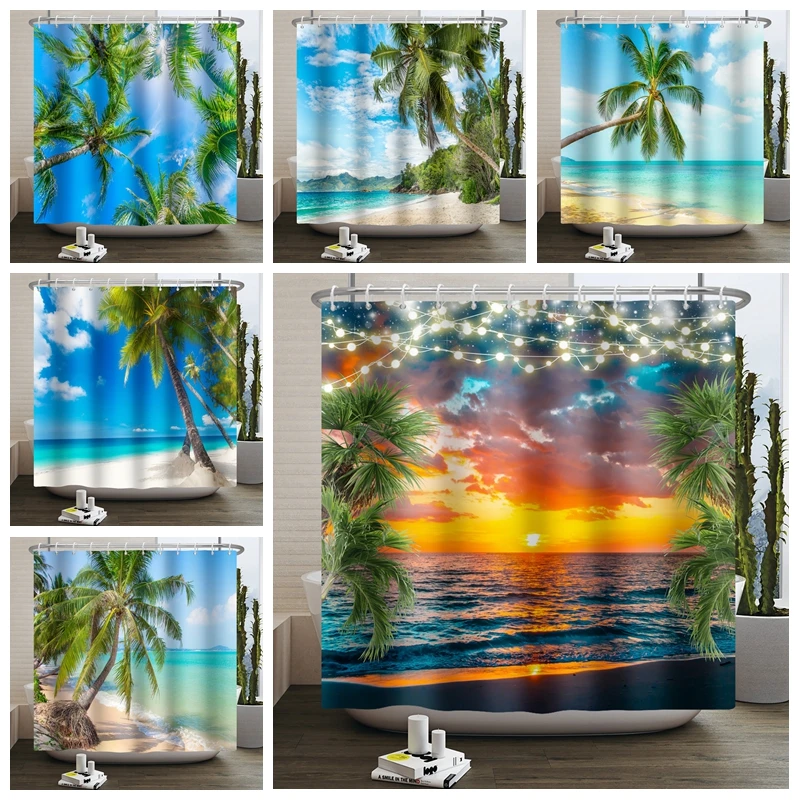 

Summer Hawaii Seaside Beach Shower Curtains Sea Wave Coconut Tree Washable Bathroom Curtain Waterproof Polyester Bath Home Decor