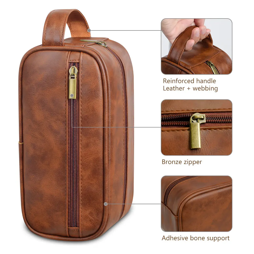 Men Leather Wash Bag Travel Business Trips Portable Cosmetic Bag Large Capacity Multi Pocket Design Handheld Leather Wash Bag