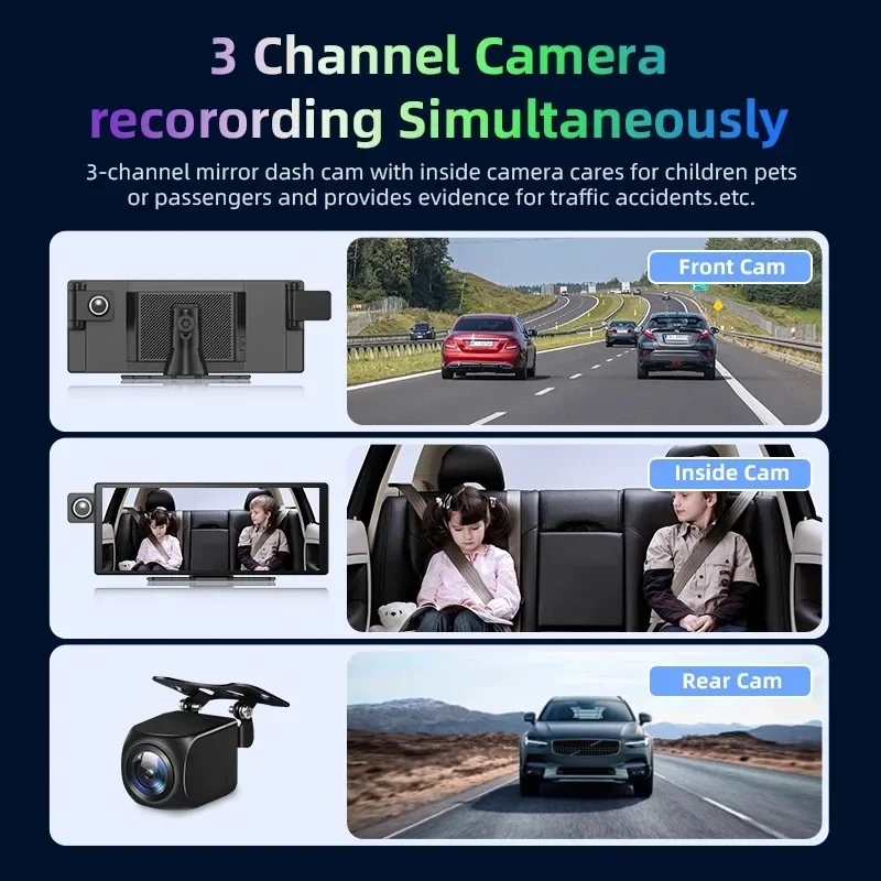 10.26" Dash Cam Wireless Carplay Android Auto Front Side Inside Rear View Rotate Lens Car Dvr Multimedia Player Video Recorder