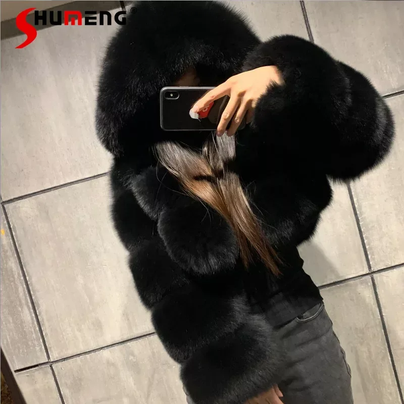 European and American Orange Imitation Fox Fur Hooded Coats Woman Stitching Long Sleeve Pink Fluffy Jacket Commute Faux Fur Coat