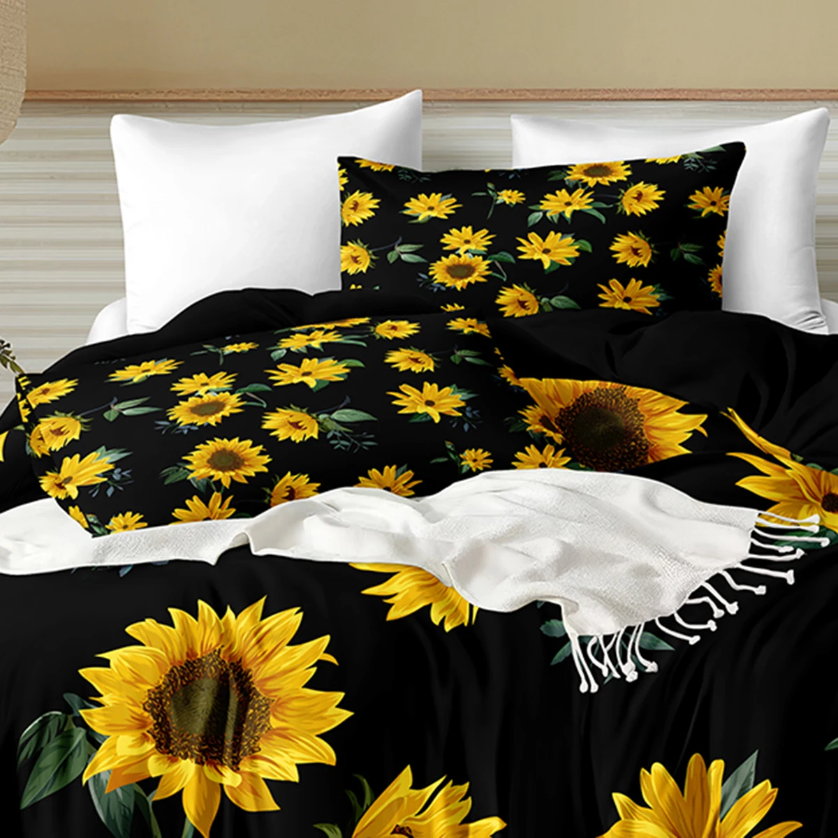 Juego de funda nórdica de girasol negro, 3 uds., transpirable con funda de almohada, juego de cama botánico, funda de cama suave, decoración del hogar con flores