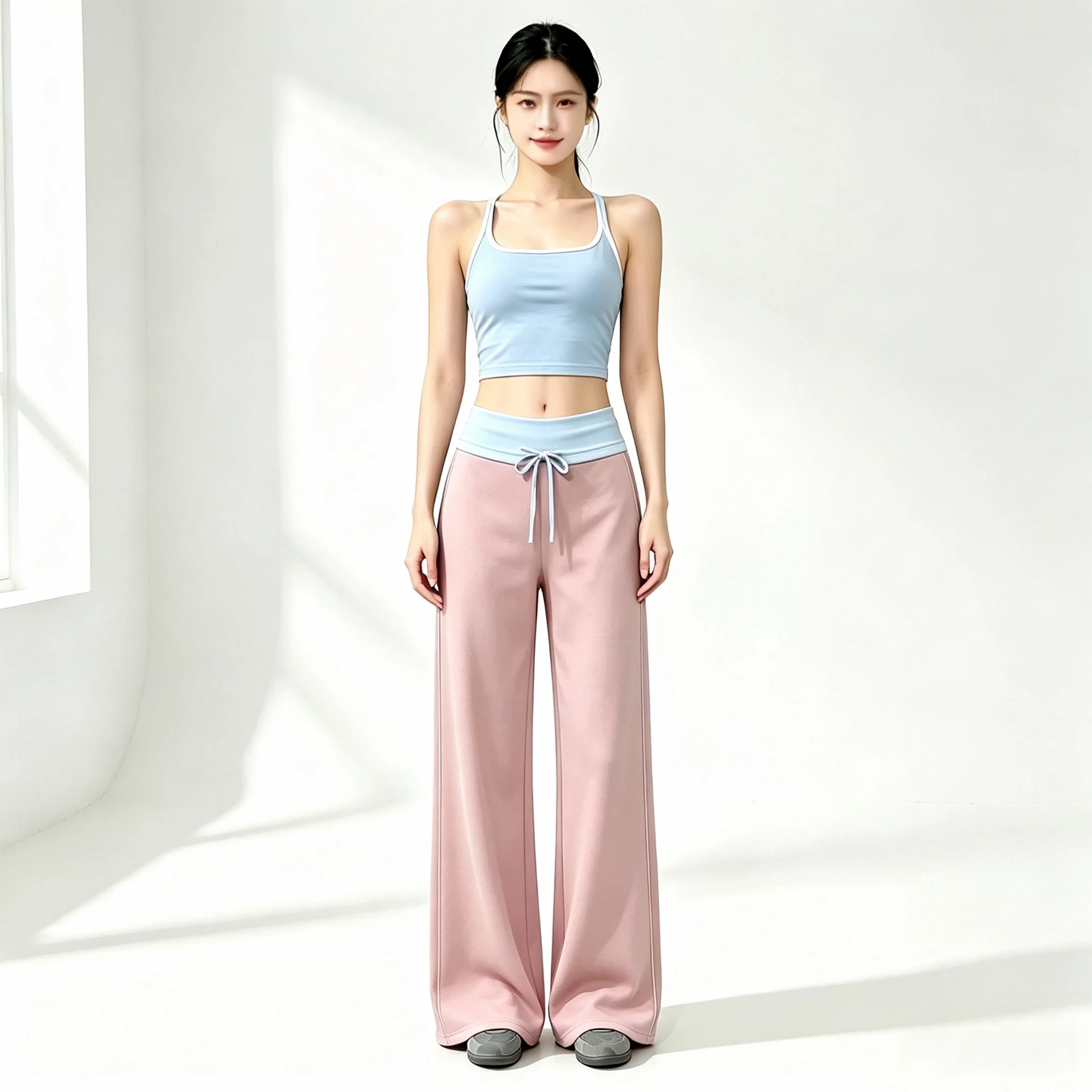 Damen-Freizeit-Sweatpants mit weitem Bein, umlegbarem Bund, ausgestelltem Schnitt, Yoga-Lounge-Hose, Pilates, Outdoor-Sport, Training, genähte Leggings – Detail 11
