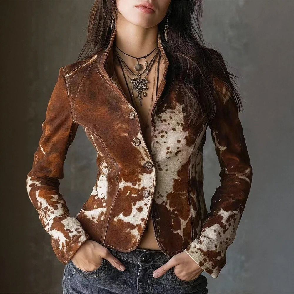 

Европейская женская куртка с длинным рукавом и принтом, пальто с воротником-стойкой на одной пуговице, индивидуальный маленький костюм