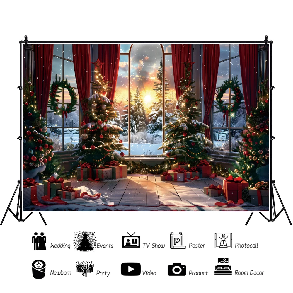 Christmas Room French Window Winter Snow Photography Backdrop Classic Retro Xmas Tree Gift Kids Portrait Family Party Background